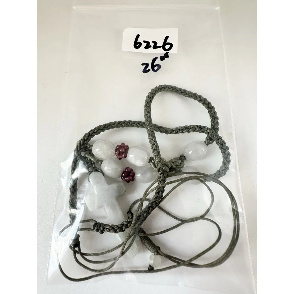 Natural Jade Carved Cross Necklace With Garnet Bead 26”
